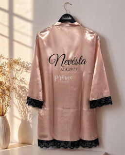Dámský svatební župan v elegantním odstínu růžové barvy s černou krajkou - S vlastním textem